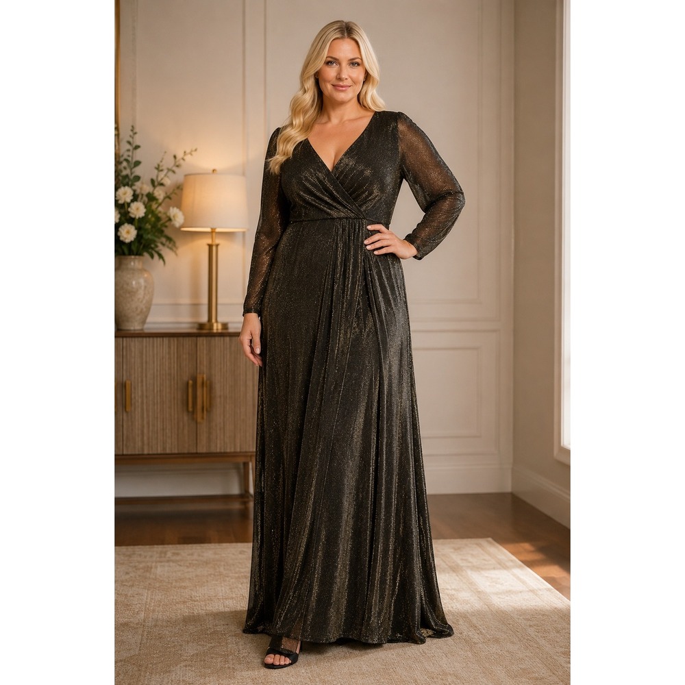 Mac Duggal‎ Black & Gold Shimmer Stretch Faux Wrap Evening Gown  Sz 18 Black Tie
